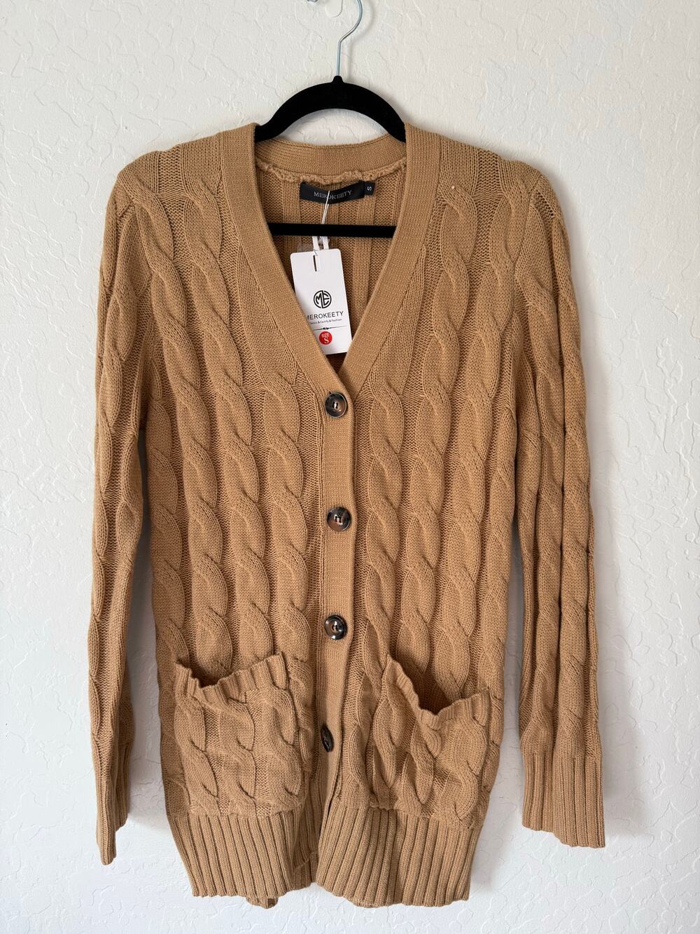Merokeety Tan Cable Knit Long Line Cardigan Sweater NWT Size Small